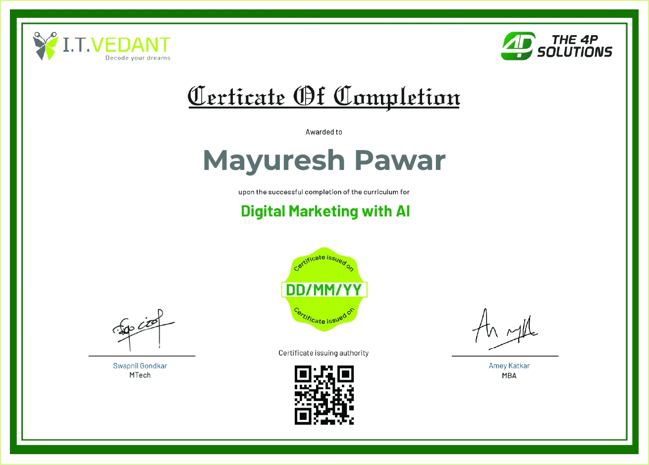 Itvedant Certificate